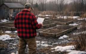 man standing in front of his garden checking a to-do list