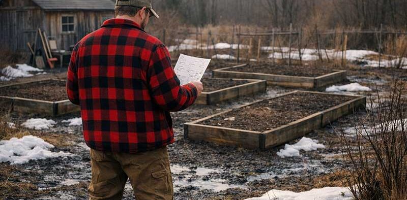 man standing in front of his garden checking a to-do list