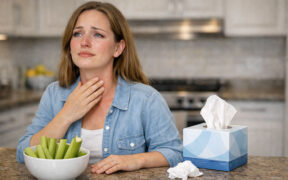 woman eating celery at a table