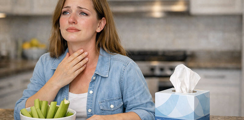 woman eating celery at a table