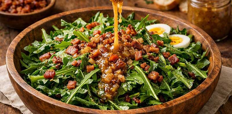 dandelion salad with hot bacon dressing in a wooden bowl