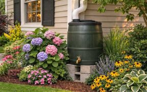 rain barrel set up next to home amongst landscaping