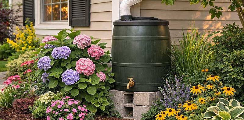 rain barrel set up next to home amongst landscaping
