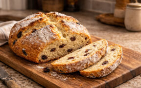 irish soda bread cut on a cutting board
