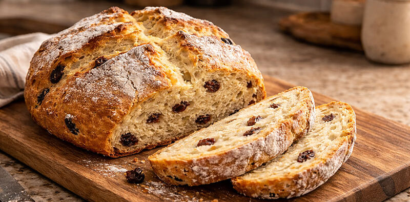 irish soda bread cut on a cutting board