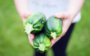 woman holding three zucchinis in her hand